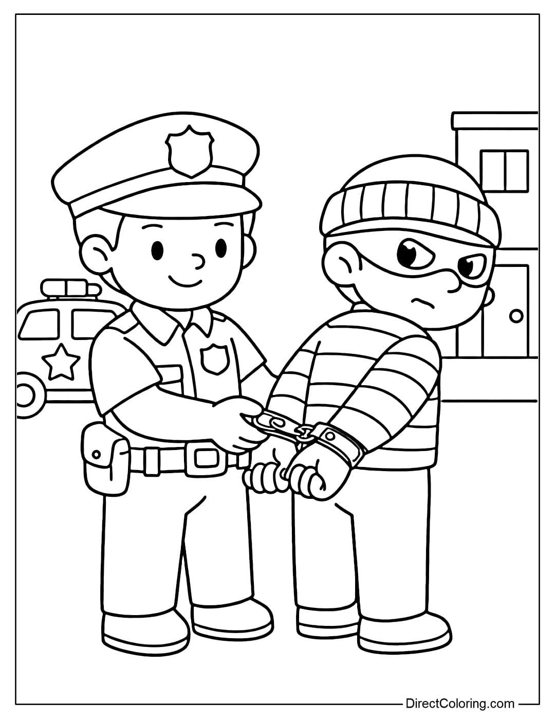 Coloring page of a police officer handcuffing a thief, a simple scene.
