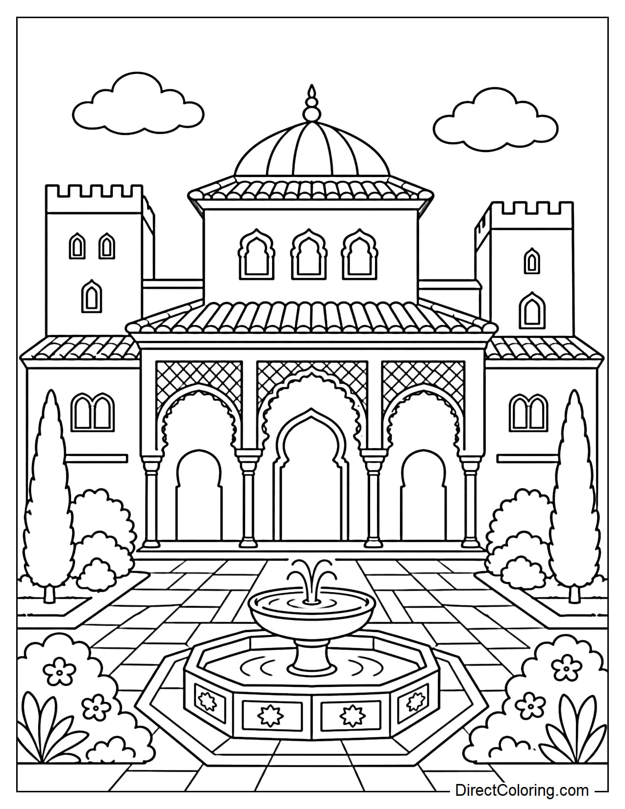 Alhambra Palace with its dome, small towers, courtyard, and fountain.