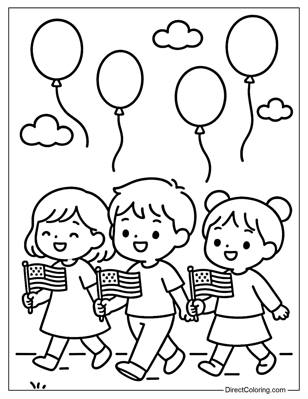 A simple parade coloring page with children holding small American flags, balloons flying in the air.