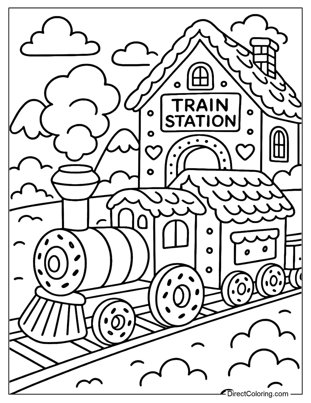A gingerbread train station coloring page with a cookie train and donuts as wheels.