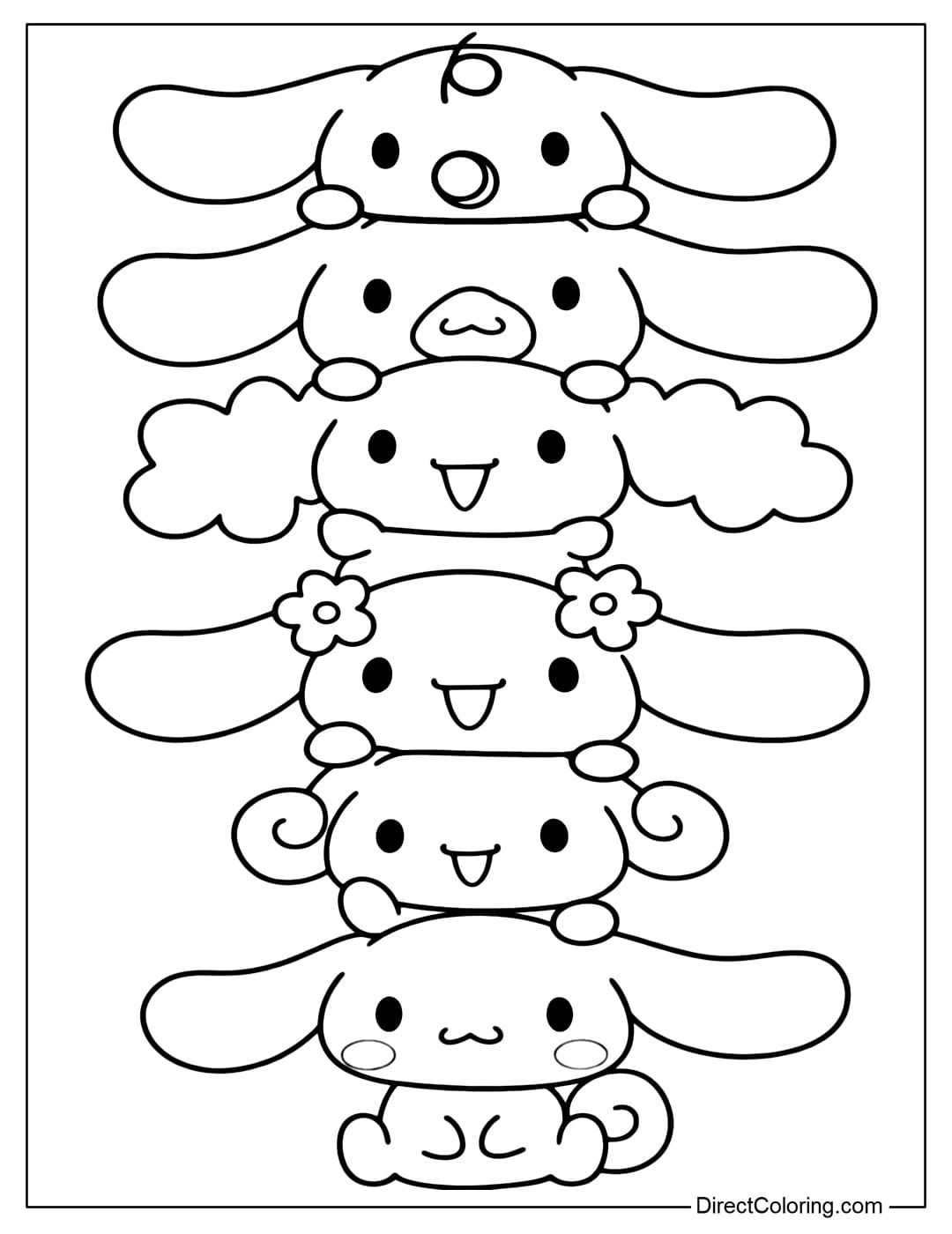 A coloring page of a tower made up of many cute Cinnamorolls stacked vertically.