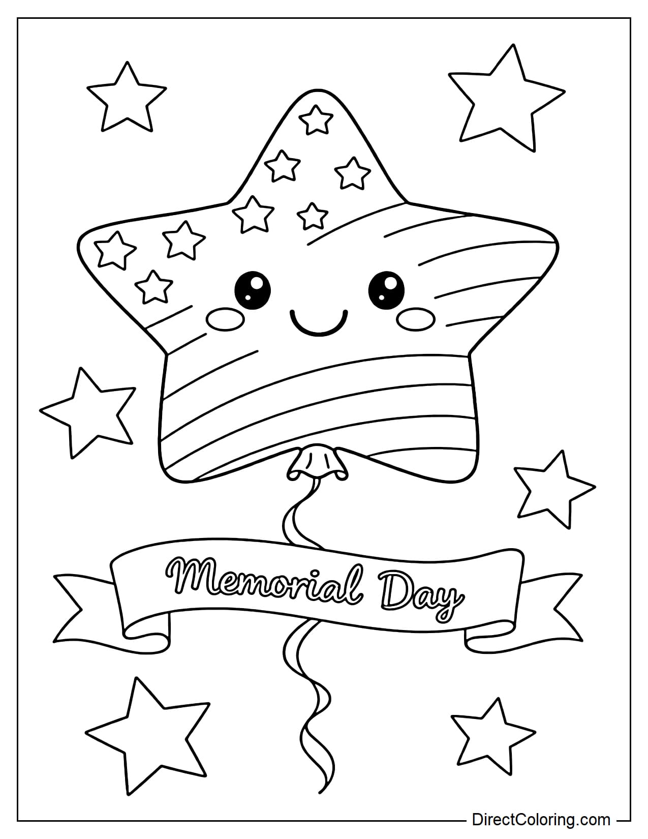 A large star-shaped balloon with a cute smiley face, featuring small stars and simple stripes reminiscent of the American flag, and a ribbon with the words 