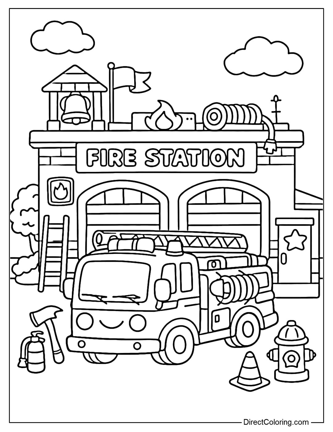 Coloring page of a fire station with a truck parked in front.