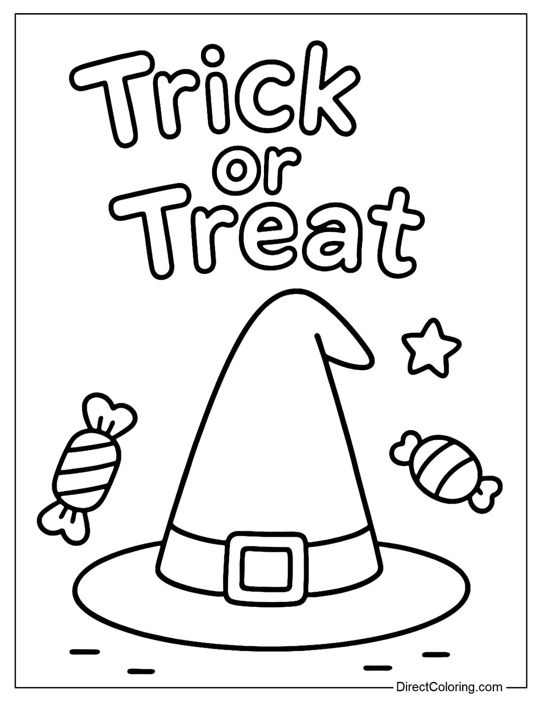 A tall witch hat coloring page, with the words Trick or Treat on top.