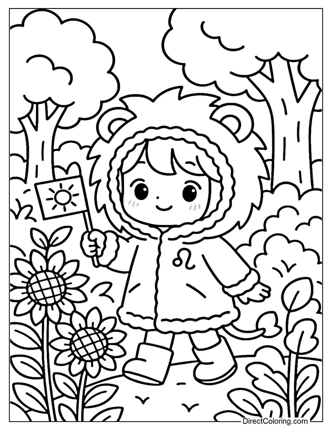 A Leo coloring page wearing a lion fur coat, a round mane hat, and a small sun flag, is exploring the forest.