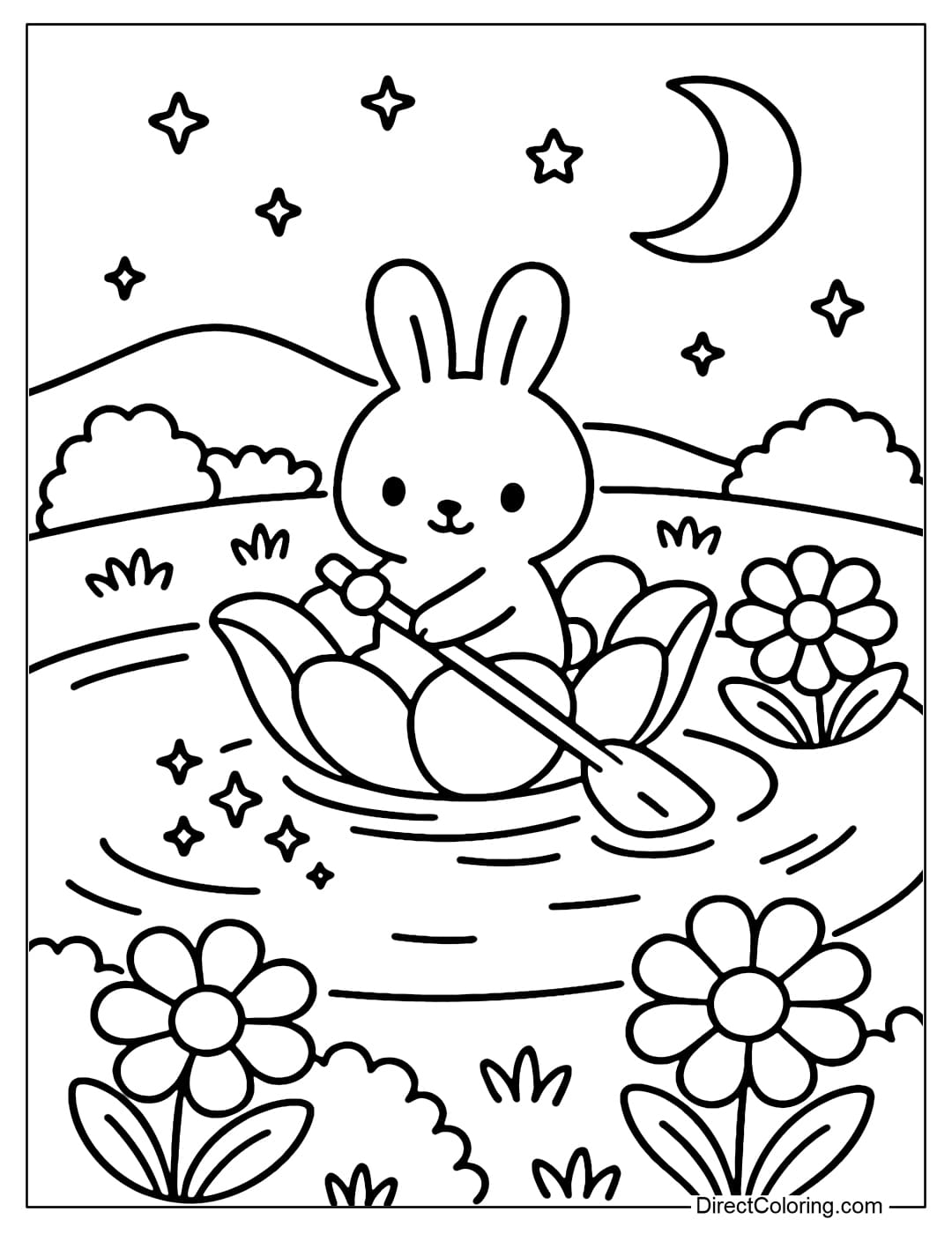 a rabbit coloring page rowing a small boat made from giant flower shells on the lake.