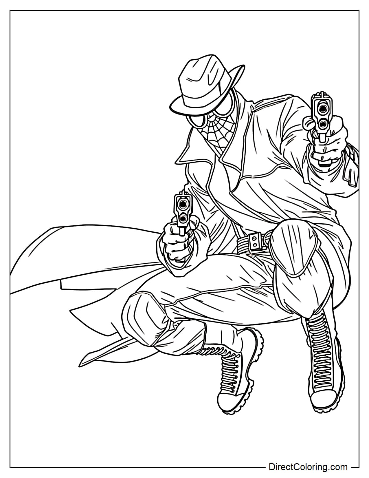 Spider-Man Noir in a dynamic action pose, aiming two pistols forward. Wearing a fedora hat, and a long trench coat.