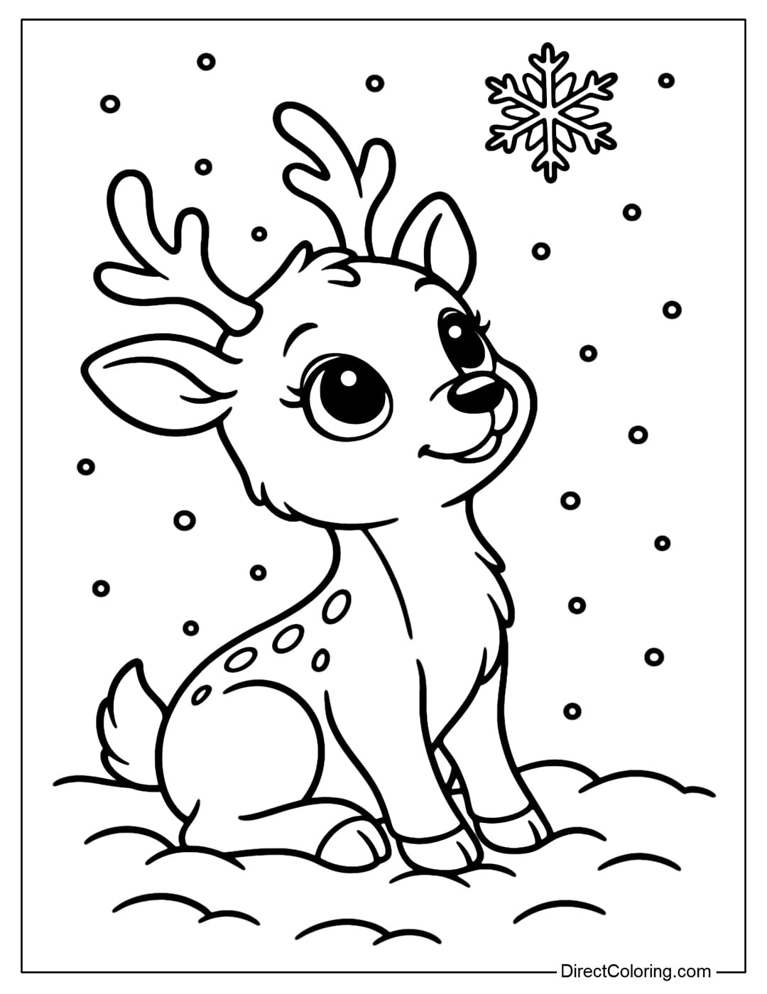 Baby Reindeer Coloring Page A cute baby reindeer coloring page with big eyes, sitting in the snow and looking up at the first snowfall of the season.