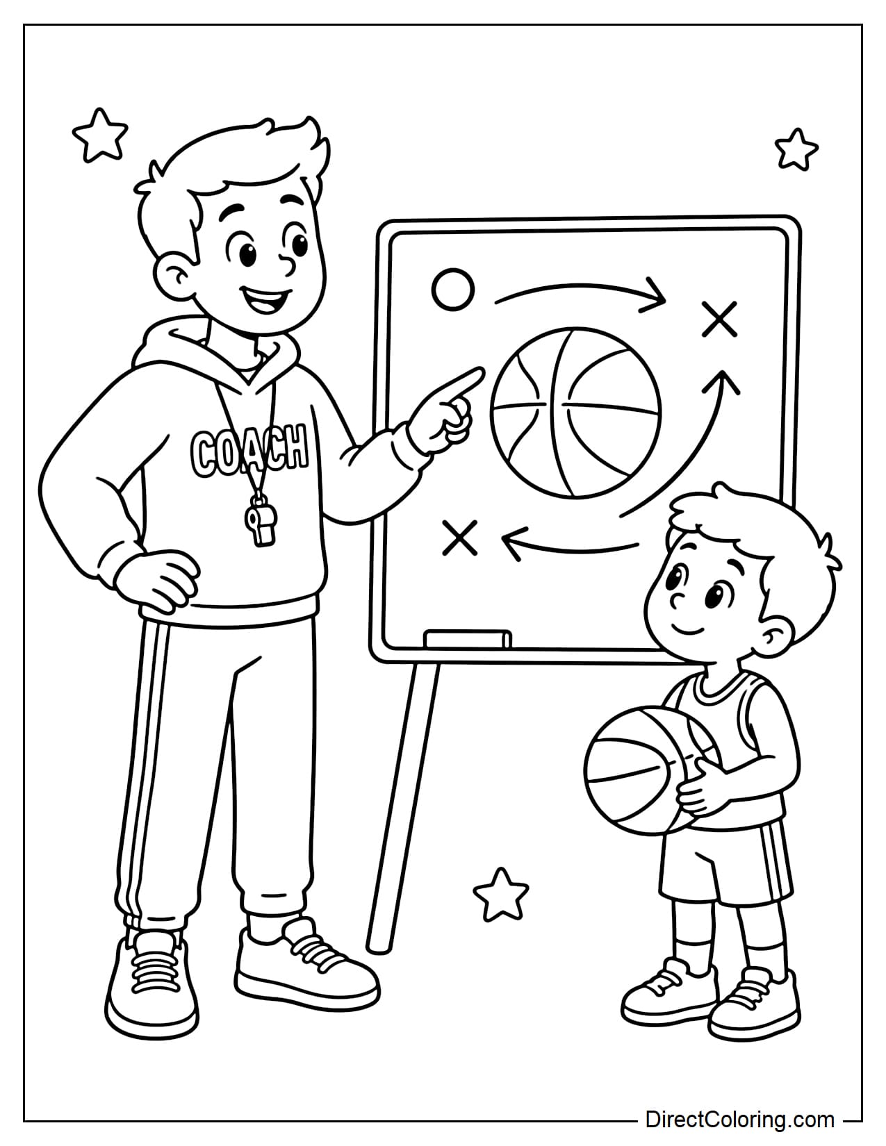 A cute coach is pointing to a simple strategy board with a large ball and arrow, next to a child holding a ball and listening attentively.