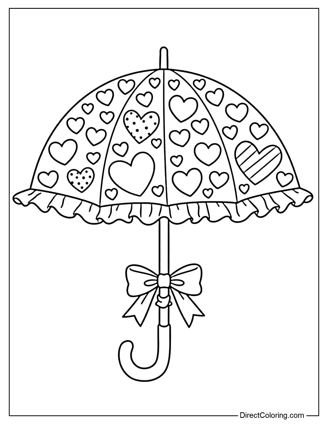 A coloring page featuring an umbrella covered in heart patterns, with delicate ruffles and a ribbon bow on the handle.