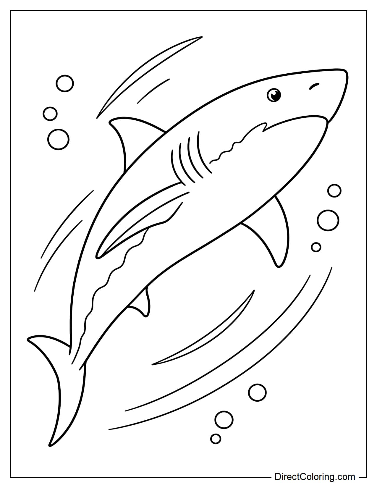 A great white shark is swimming slightly upwards with its long body, prominent dorsal fin, and slightly closed mouth, surrounded by moving lines and bubbles.