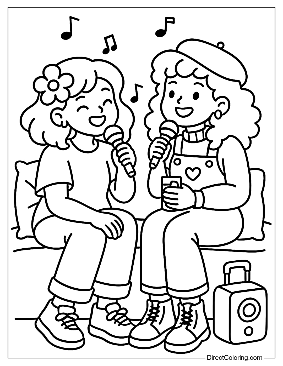 A coloring page of two girls singing karaoke at home, holding a microphone, with a small speaker and a pillow to lean against.