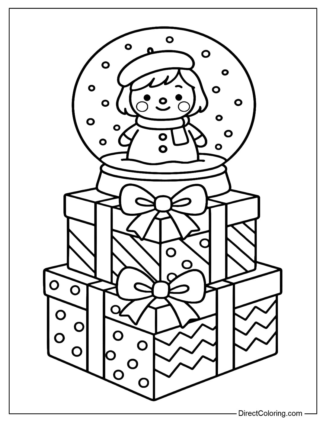 A coloring page with a snow globe placed on a large stack of gift boxes, with a snow doll inside.