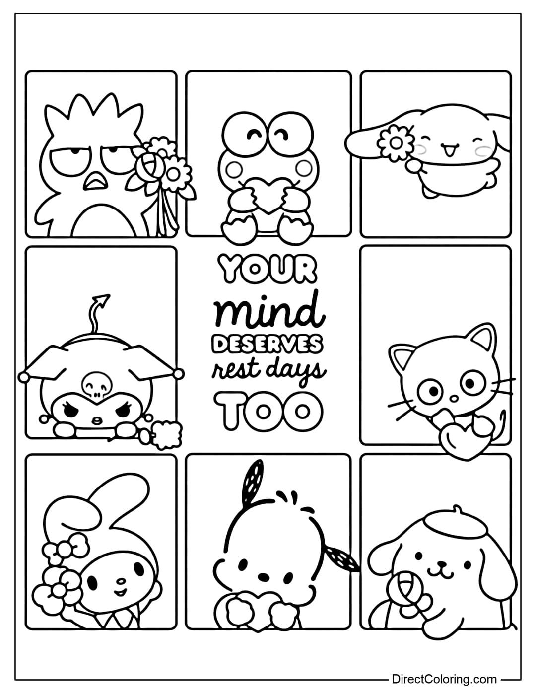Coloring page of gentle moments of Sanrio characters centered around the message of self-love.