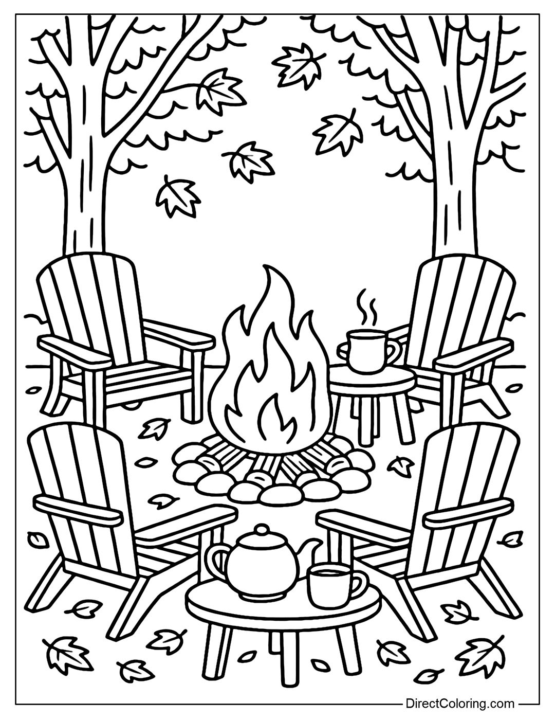 Coloring page of a group of wooden chairs around a warm fire, teapot, cup of cocoa, fallen leaves in the background.