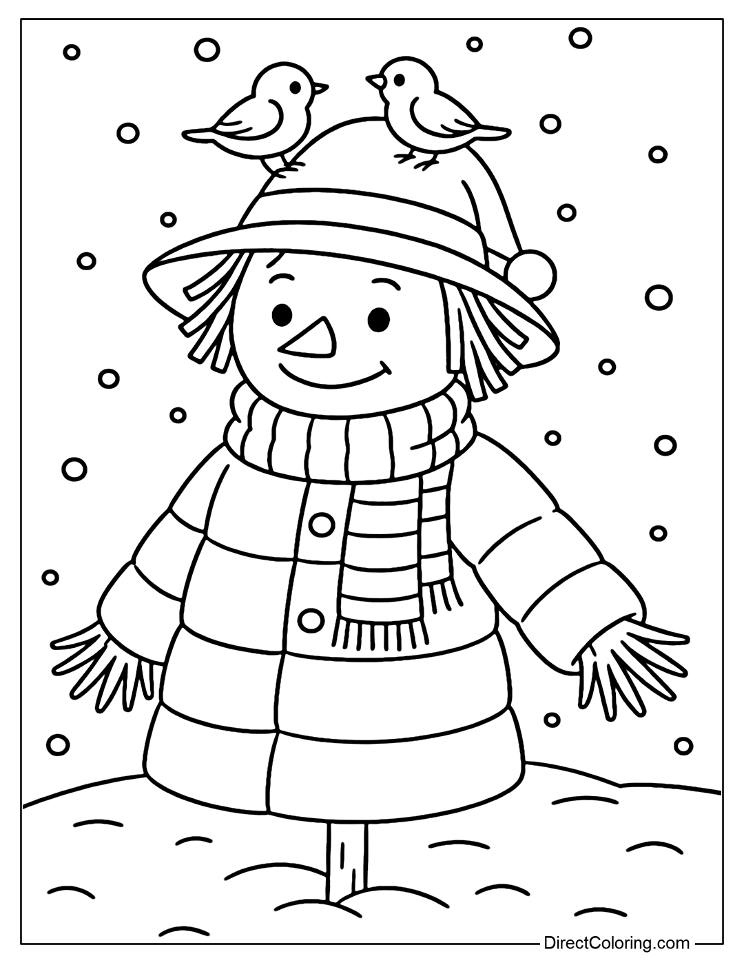 Scarecrow coloring page wearing a cotton jacket and a wool scarf, light snow falling, a few sparrows taking shelter in the hat.