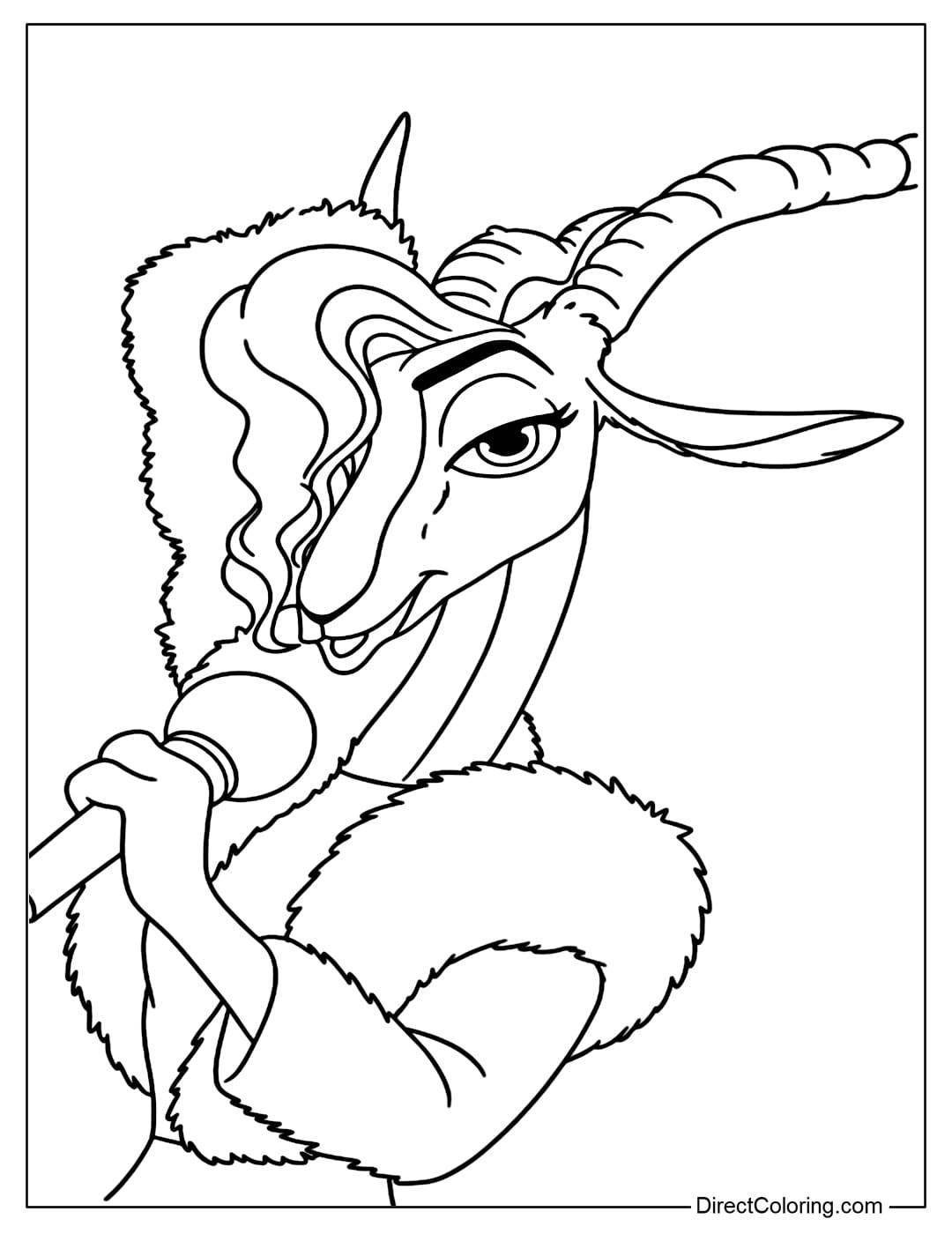 A coloring page of Gazelle, the famous pop star in the Zootopia world, with her elegant appearance, long curly hair, and curved horns.