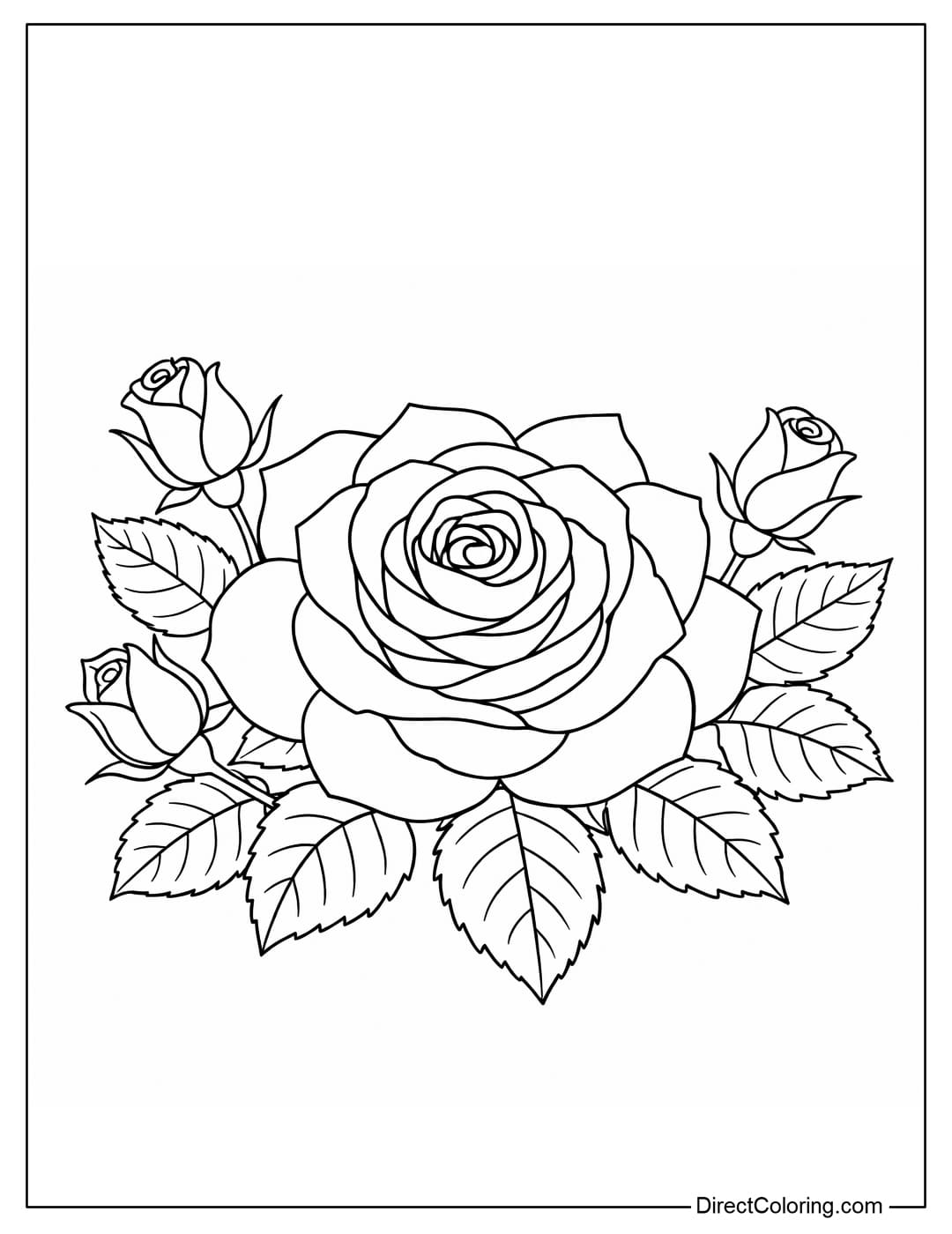 A coloring page of a blooming rose, surrounded by simple buds and leaves.