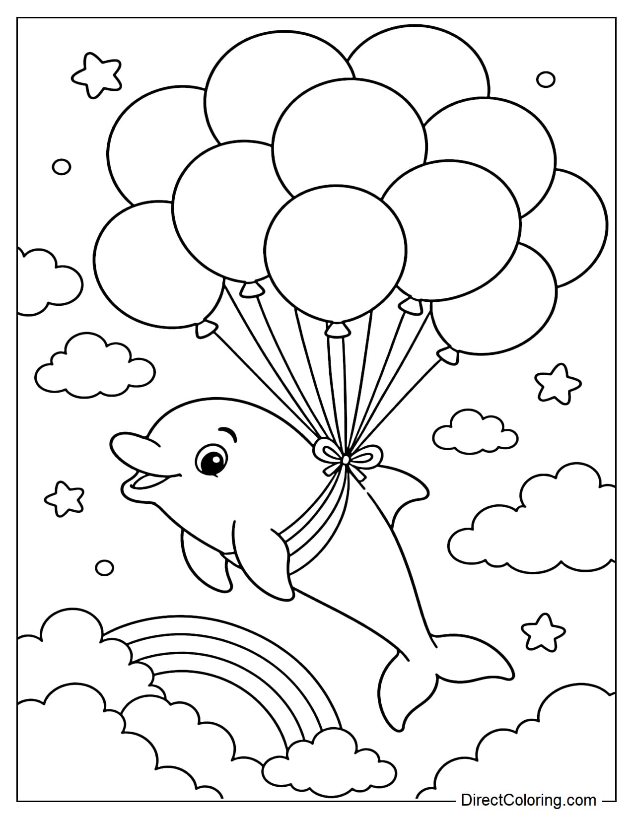 A dolphin is floating in the sky thanks to several large, round balloons tied with strings.