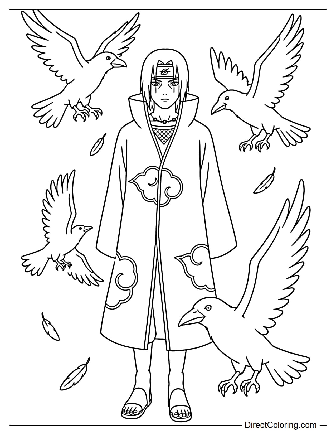 Itachi Uchiha stands still with several crows flying around him.