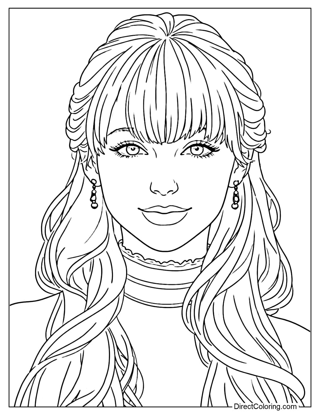 A coloring page of Taylor Swift with a gentle smile, classic beauty, bangs, and expressive blue eyes.