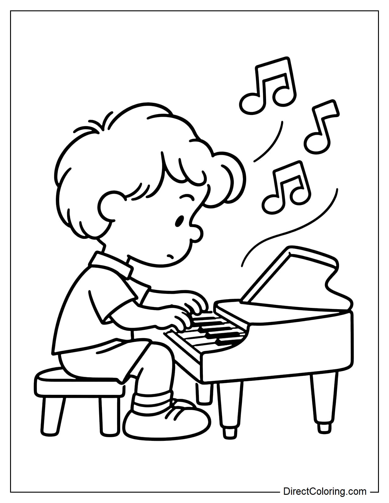Schroeder sits on a low stool, concentrating on playing his familiar toy piano. Both hands rest on the large piano keys, while three musical notes float above.