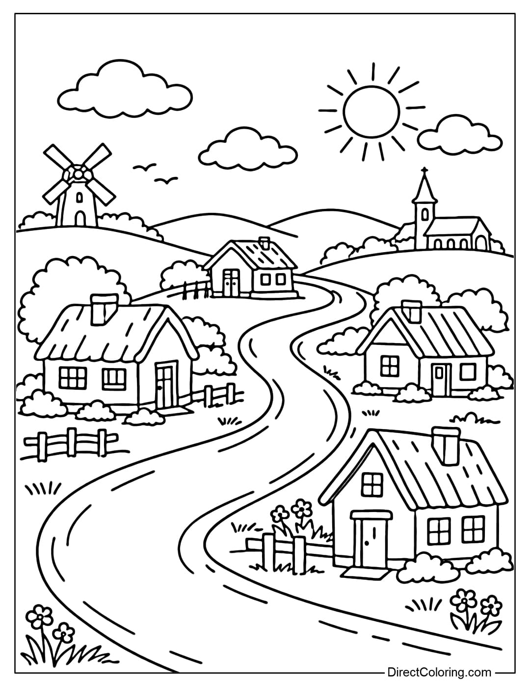 Coloring page of a simple village scene with a winding road and a few small houses on either side.