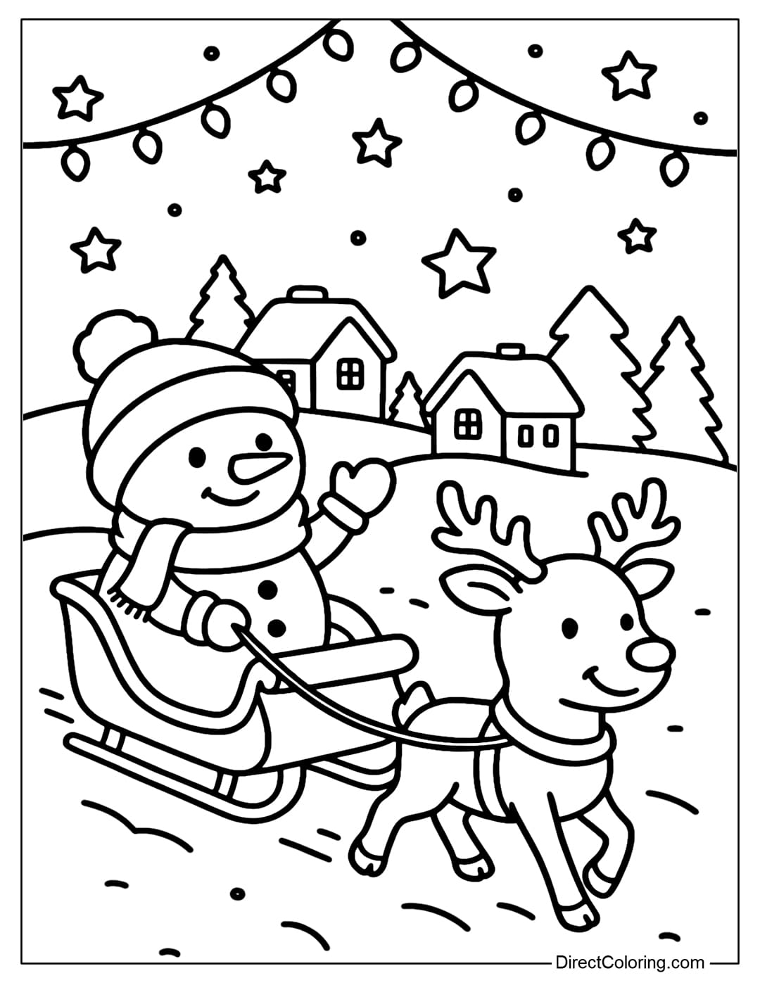 A snowman and reindeer coloring page, both pulling the sleigh through the snow village.