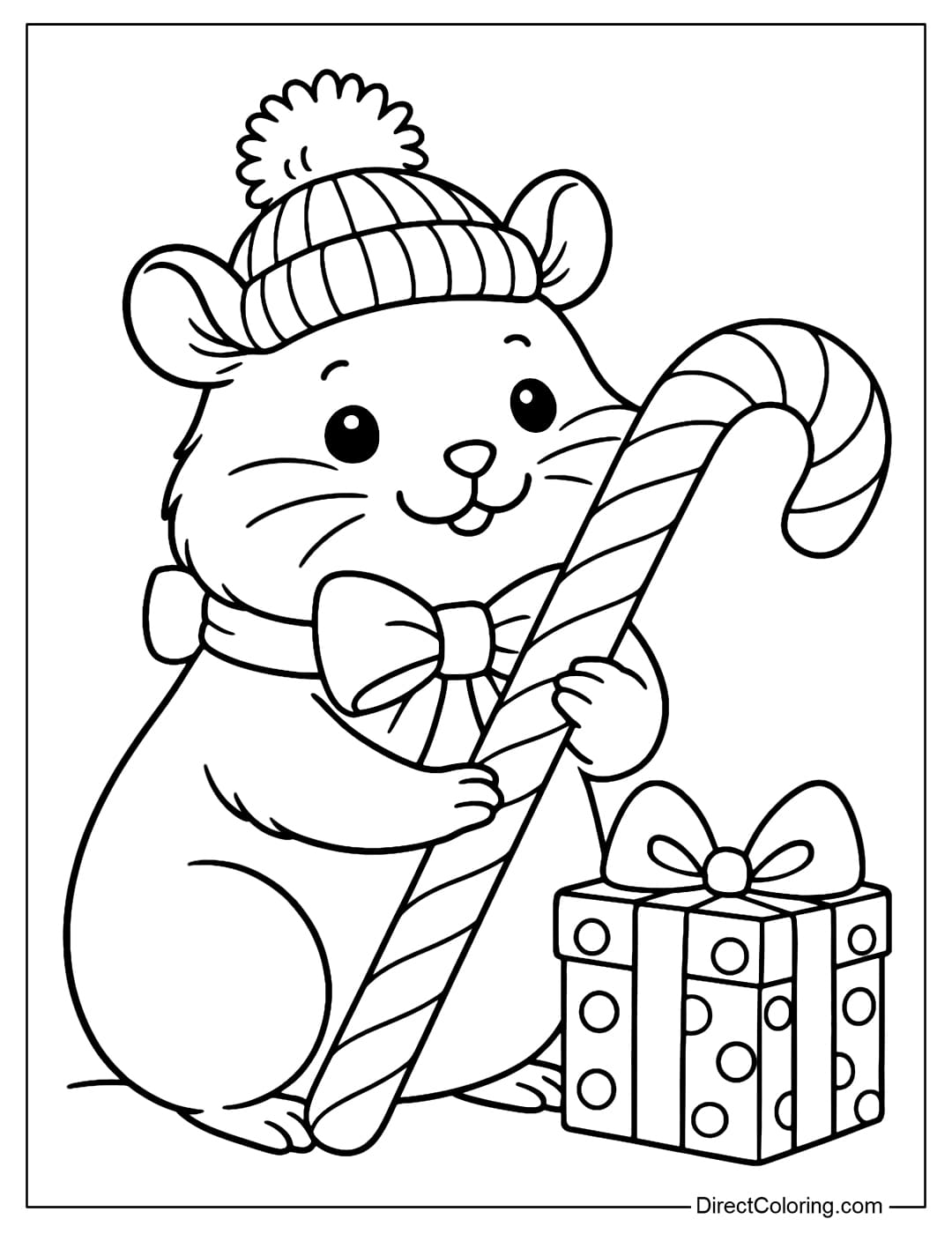 A cute hamster coloring page, hugging a candy cane, wearing a pom-pom beanie and a bow around its neck, with a polka dot gift box next to it.