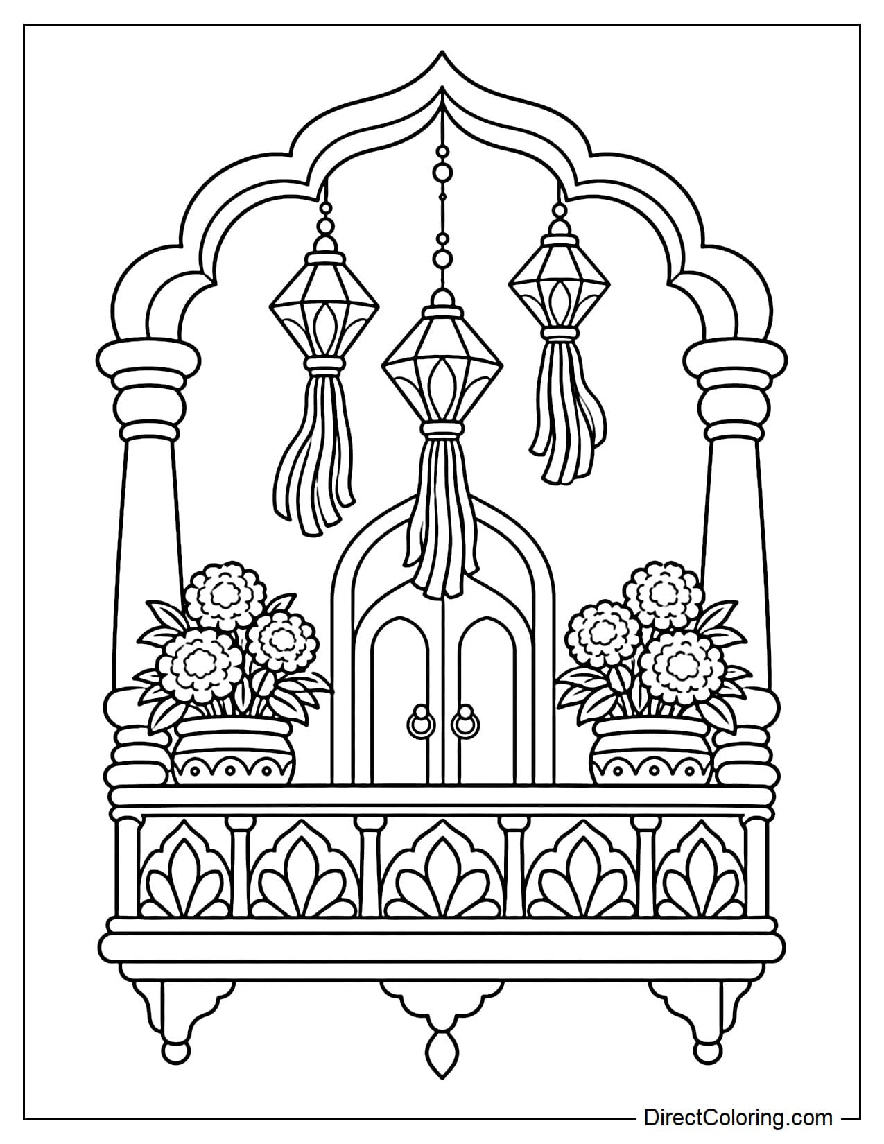 An Indian balcony with an arched roof, two round columns, and a floral-patterned railing. Three kandil lanterns hang at different heights, with large pots of marigolds in both corners.