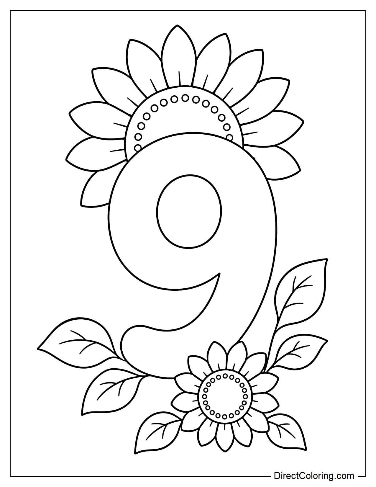 A large, simple number 9, with a sunflower peeking out from behind the top of the number, and a small, slightly off-center sunflower in front of the base, interspersed with a few simple leaves.