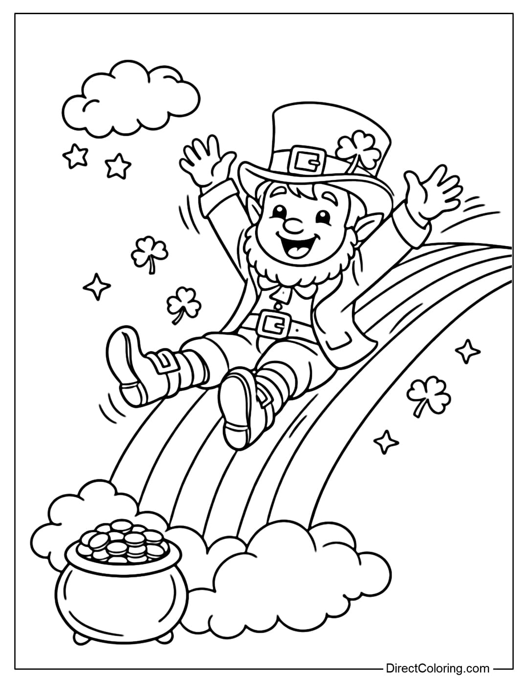 A coloring page of a leprechaun sitting on a rainbow like a fun slide.