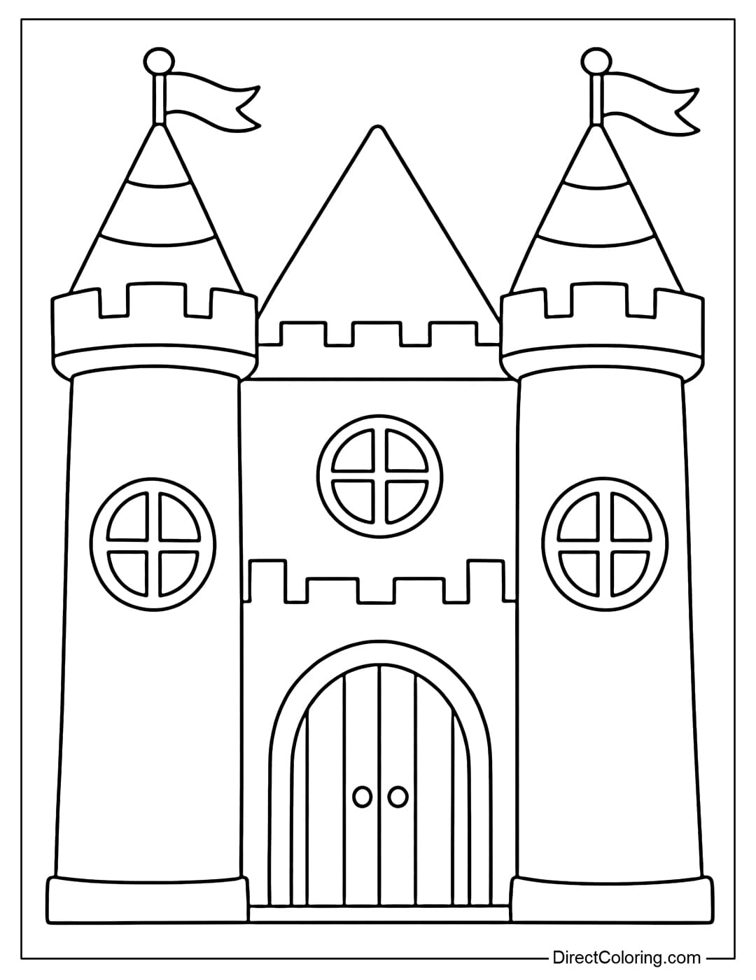 Coloring page of a simple castle with two large round towers on either side, a pointed roof with a flag flying on top, and a large arched gateway in the middle.