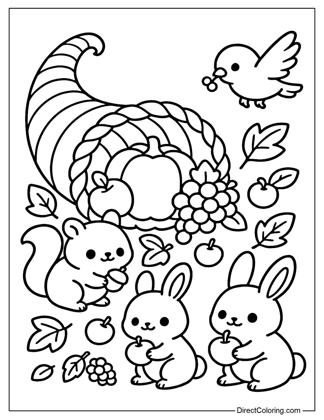 Cornucopia coloring page with squirrels, rabbits and little birds eagerly picking up fallen fruits.