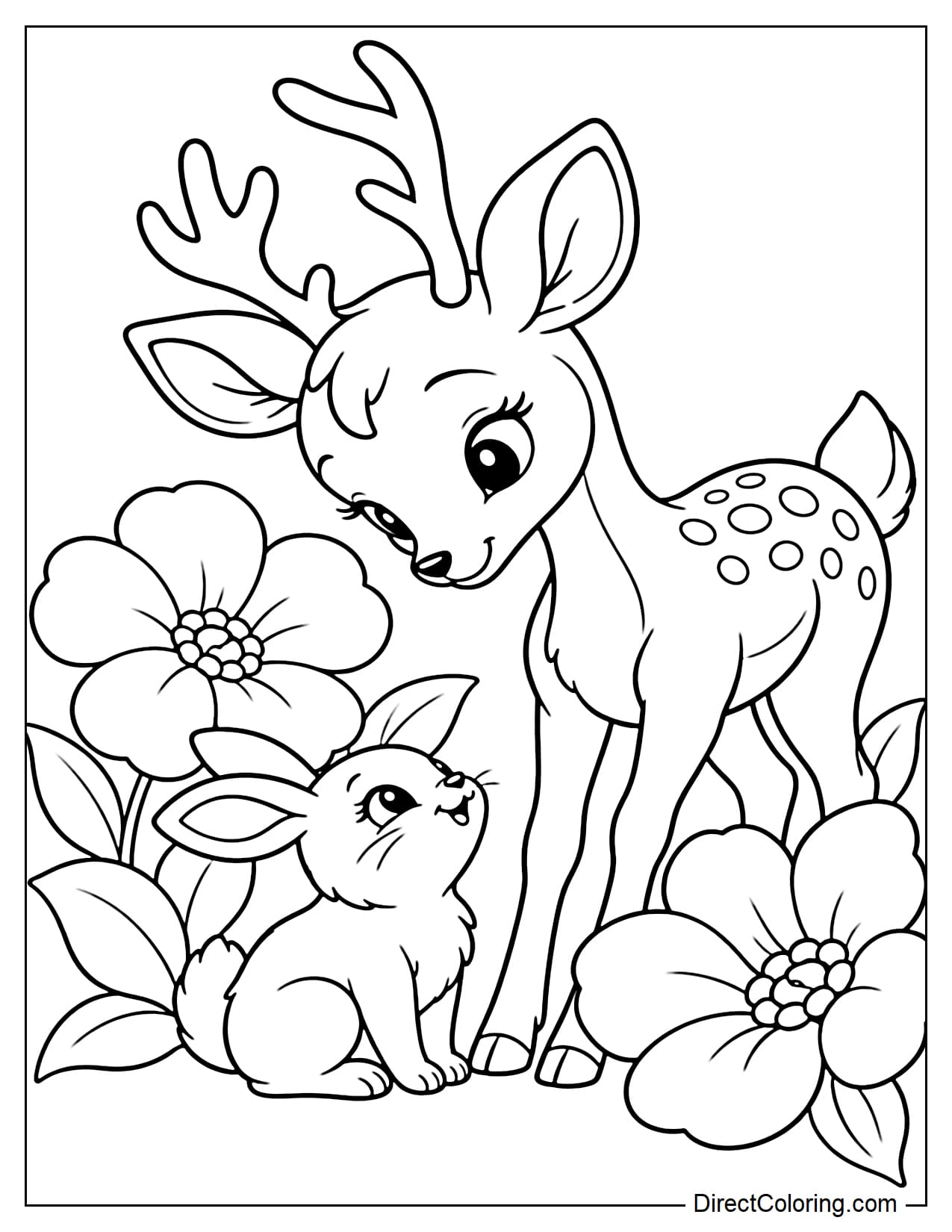 A cute deer standing beside a small rabbit in a patch of large flowers, gently lowering its head toward the rabbit as if saying hello.