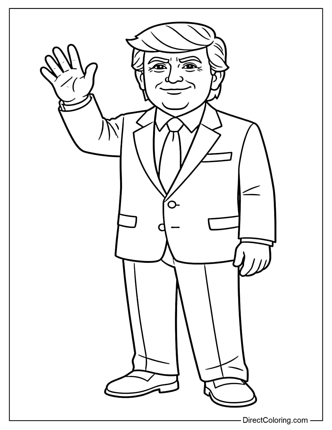 A coloring page of Donald Trump waving with one hand, a friendly expression.