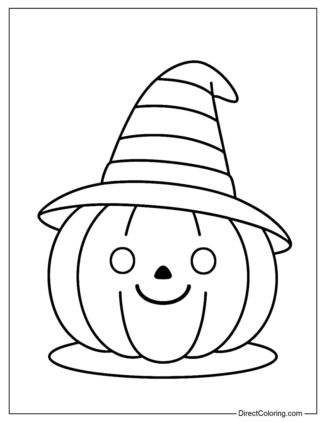 A pumpkin coloring page with a purple-striped witch's hat, a gentle, smiling face, and simple lines suitable for children.