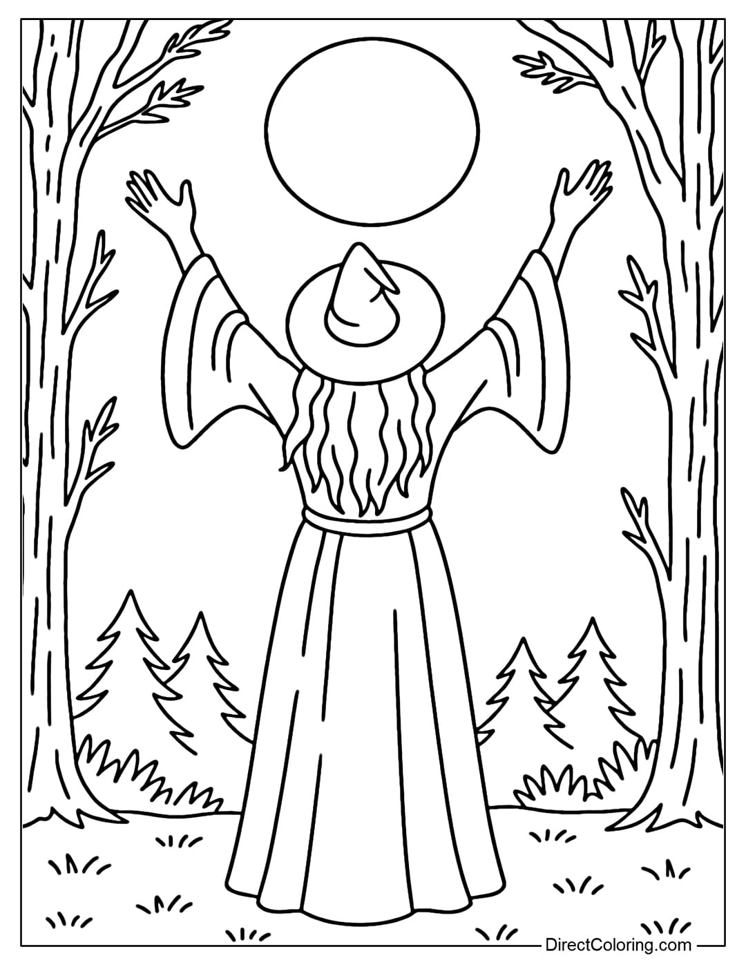 Full moon ritual coloring page with witch raising her hand towards the bright moon.