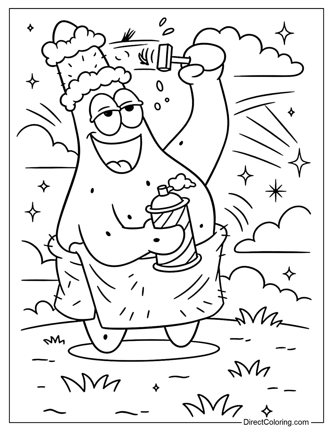 Coloring Page of Patrick Star enjoys a bubbly self-care moment, wearing a towel and scrubbing his head with foam while holding a can of shaving cream, surrounded by clouds and sparkles.