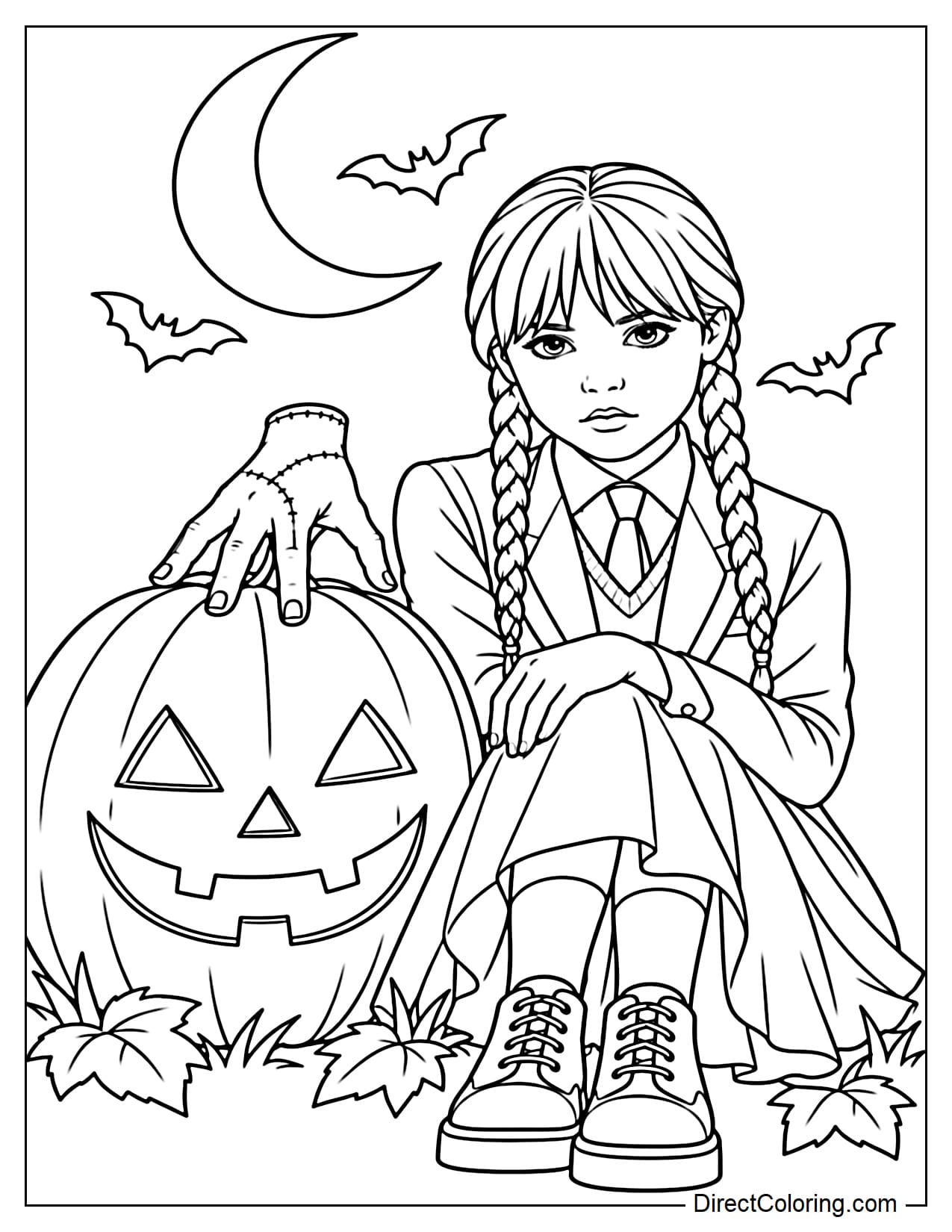 Wednesday sits beside a large Halloween pumpkin with a jack-o'-lantern face, resting one hand on her knee while Thing crawls across the top of the pumpkin. A moon and a few small bats appear in the background.