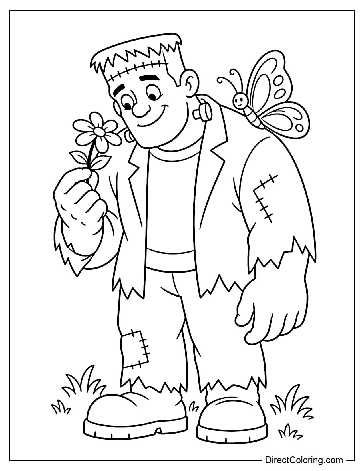 A large Frankenstein gently holds a tiny flower and bends his head to admire it while a big butterfly rests on his shoulder.