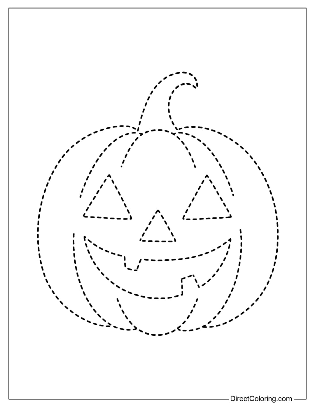 Halloween tracing pumpkin coloring page with a bright smile, triangular eyes, and a sawtooth mouth.