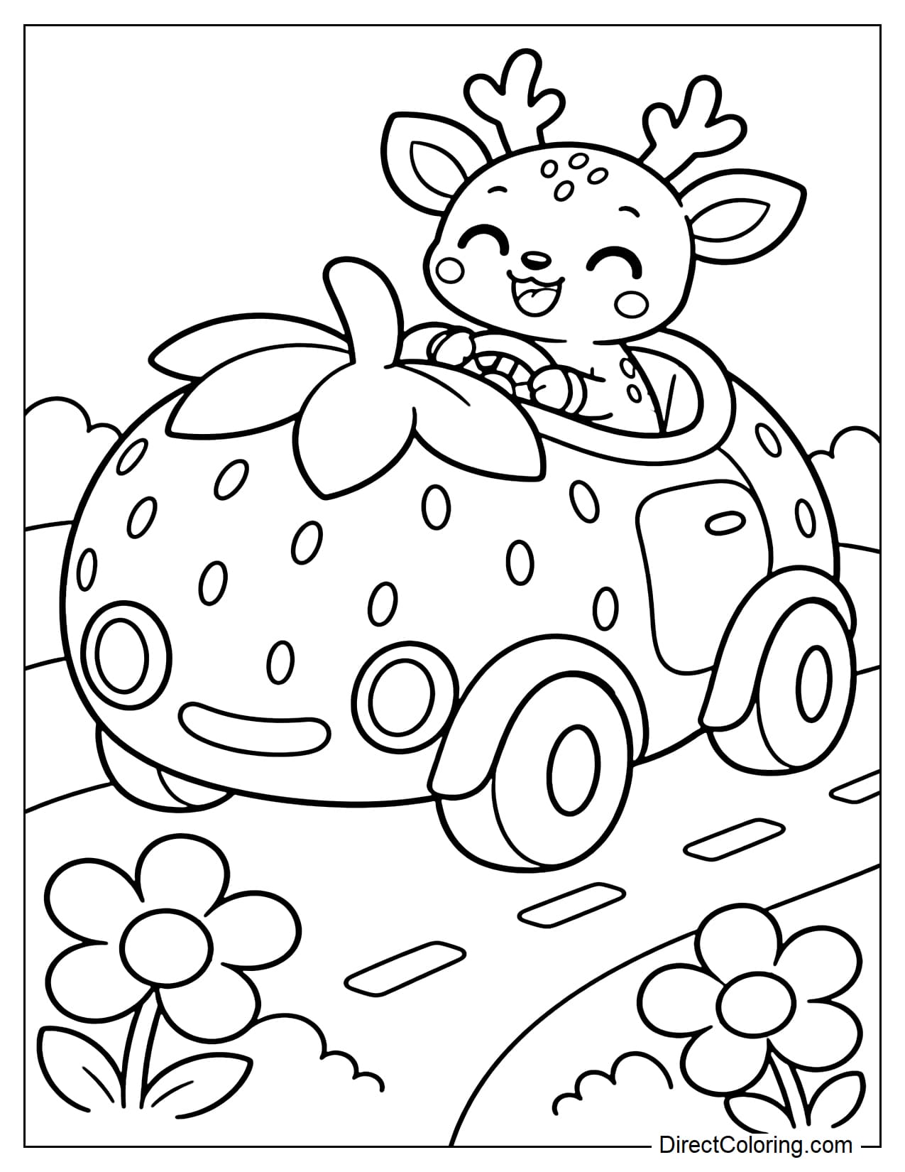 A cute deer driving a giant strawberry-shaped car along a curved road, with two large flowers beside the road.