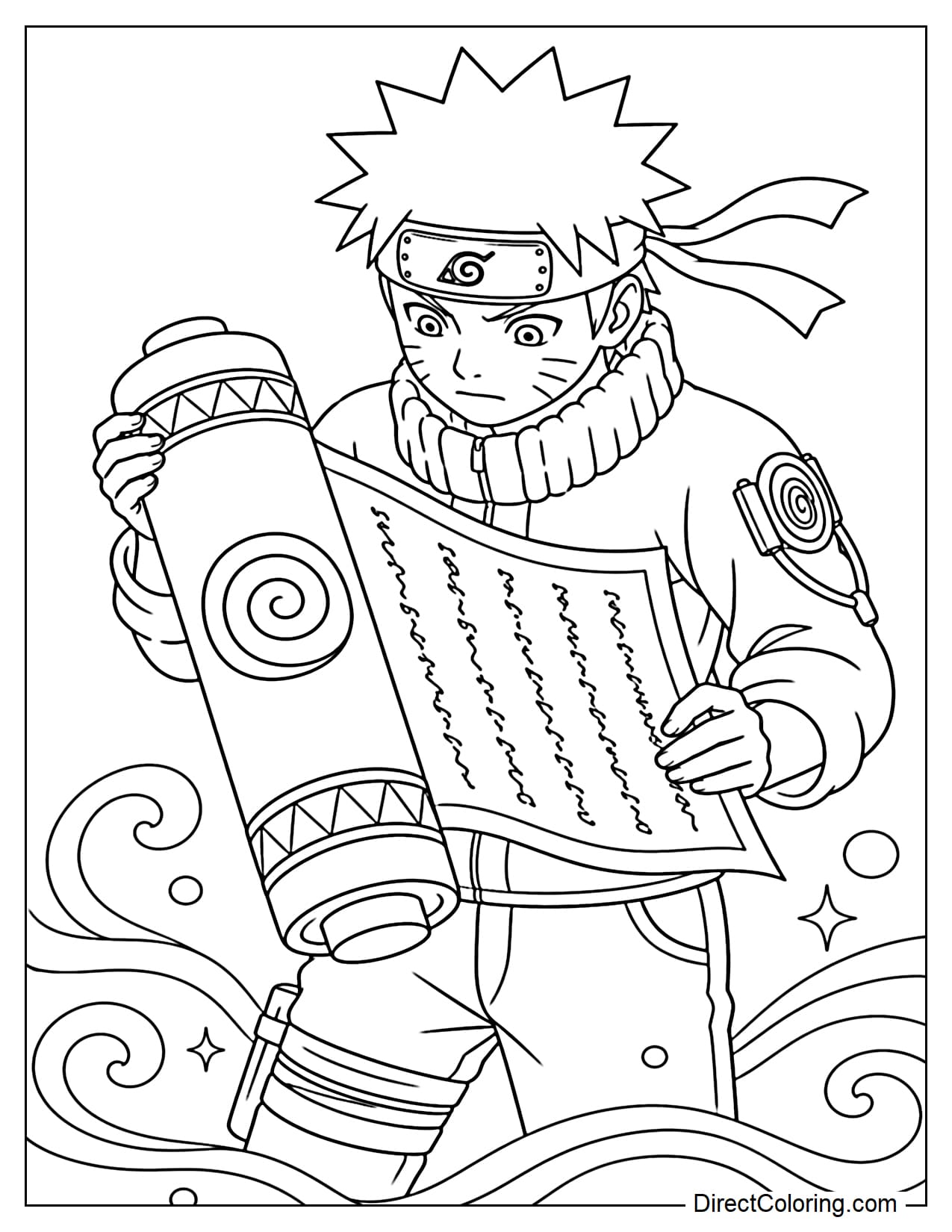 Naruto is holding a large ninja scroll, partially unfolded, his face focused, with simple curves at the bottom.