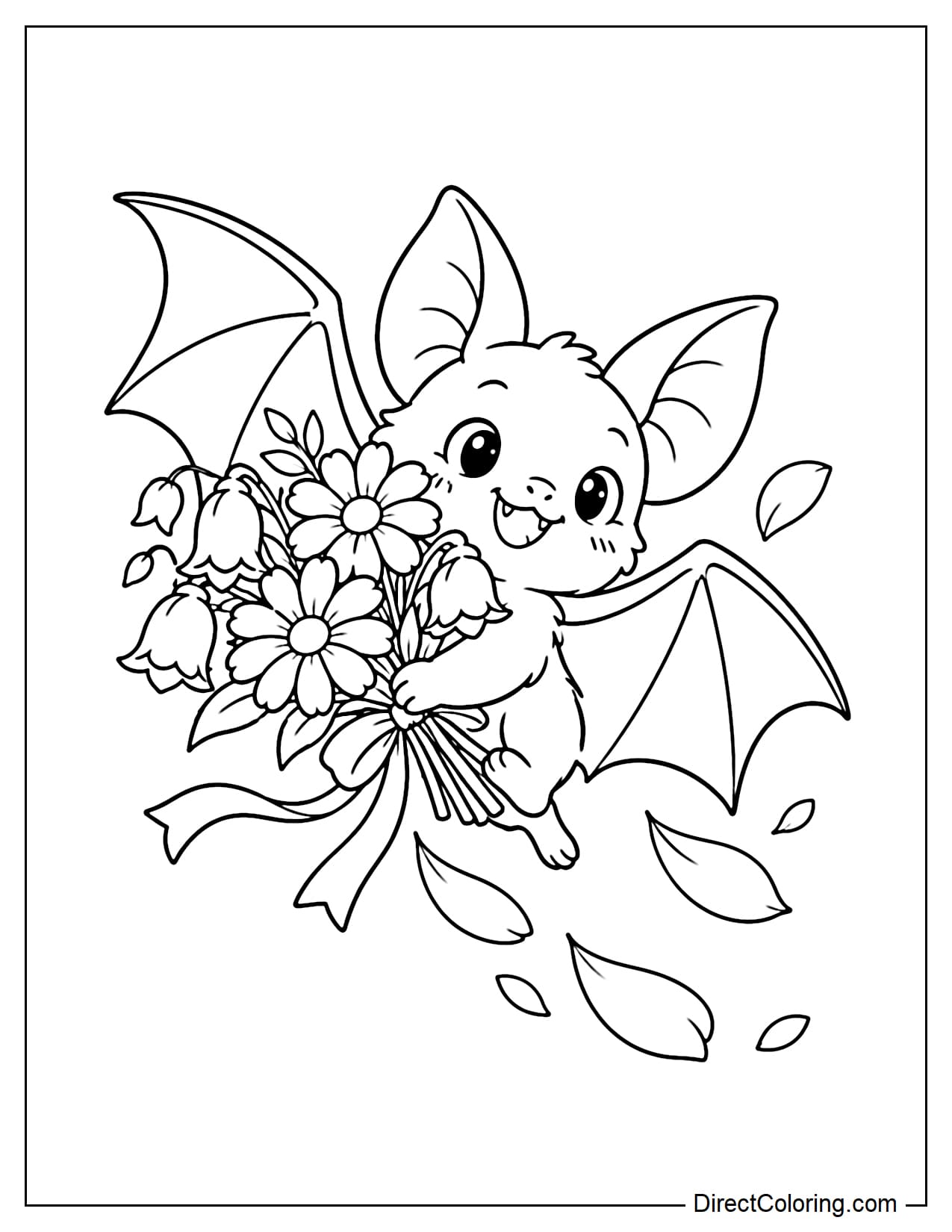 A cute bat flies through the air while holding a large bouquet of flowers with its feet.
