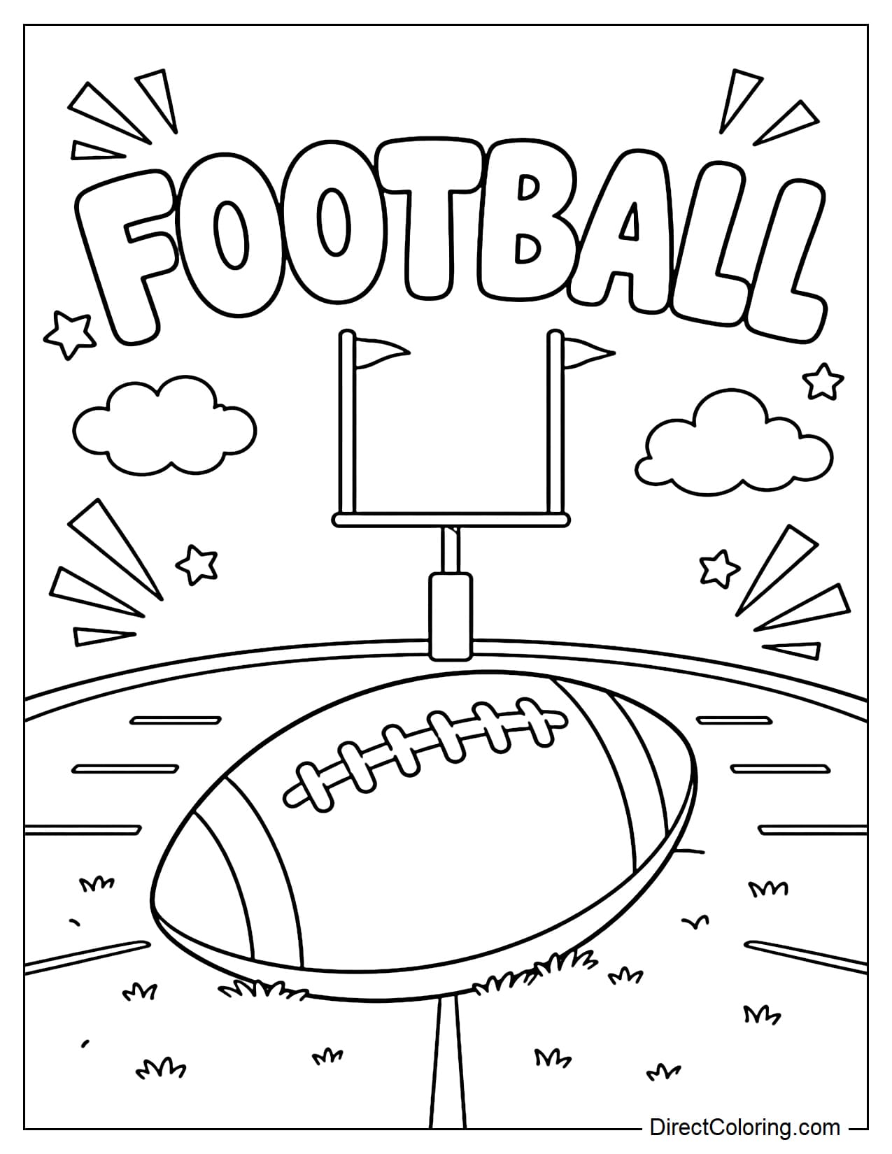 A large football rests on the field with goalposts and simple yard lines in the background, while the word FOOTBALL curves across the top of the page.