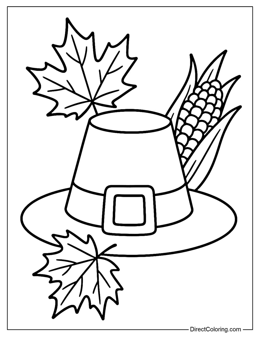 A coloring page of a classic Pilgrim hat with a wide brim and a large square buckle in the front. The hat is set against a background of maple leaves and autumn corn.