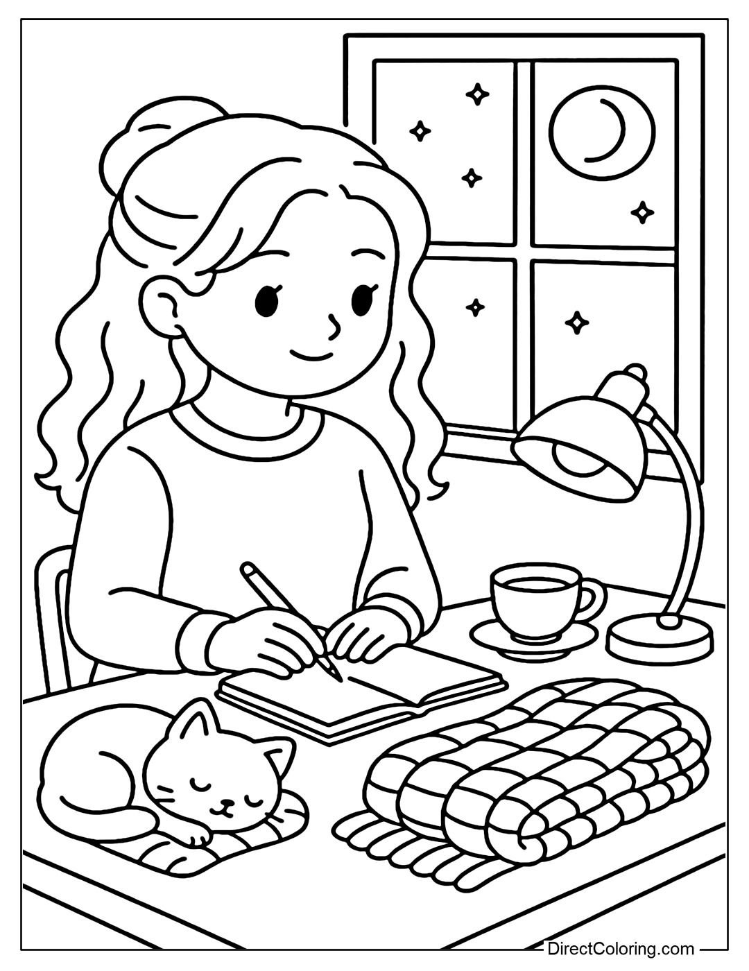 A girl sitting at a table next to a window at night. The table has a cup of tea, a sketchbook, a wool blanket, a kitten and a table lamp.