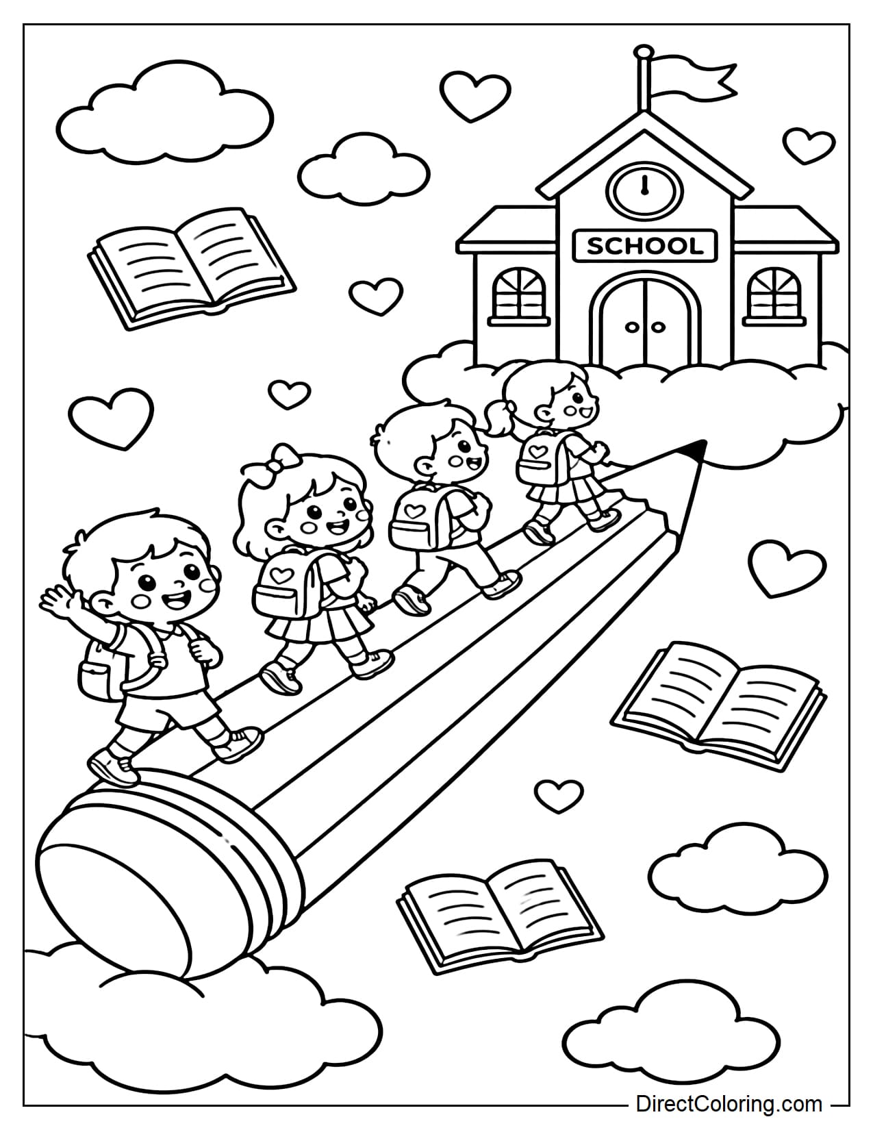 Tiny students are walking on a giant pencil bridge leading to a small school with flags fluttering. Clouds, gently floating books, and a few hearts surround them.