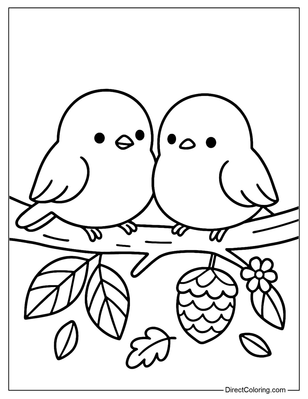 Autumn Birds Coloring Page Coloring page of a pair of round sparrows perched on a branch with yellow leaves, with pine cones and small flowers next to it.